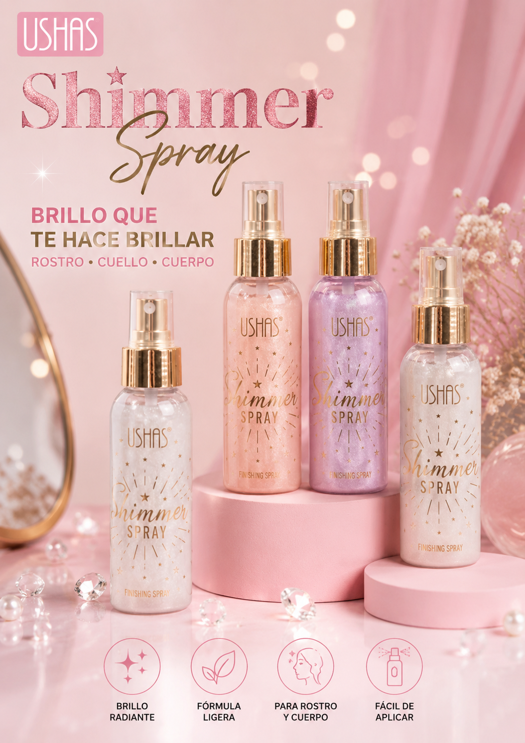 ✨ Shimmer Spray Ushas – Brillo Radiante para Rostro y Cuerpo