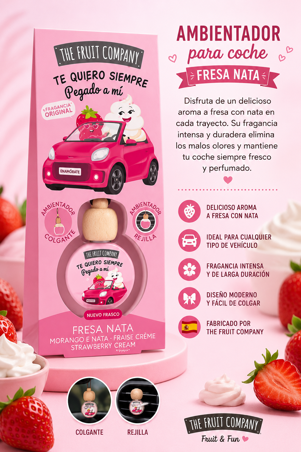 Ambientador para Coche Fresa Nata – The Fruit Company | Aroma Duradero 6.5ml